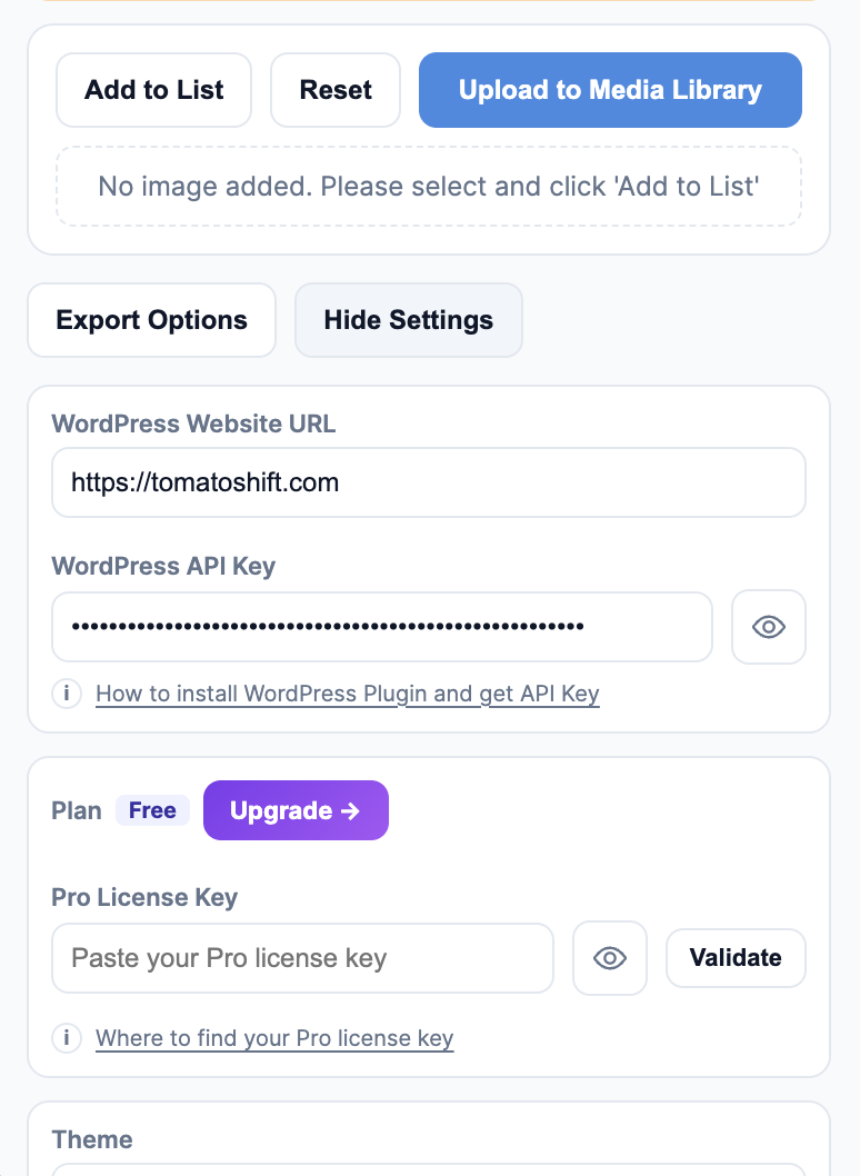 Settings panel with URL and API key fields